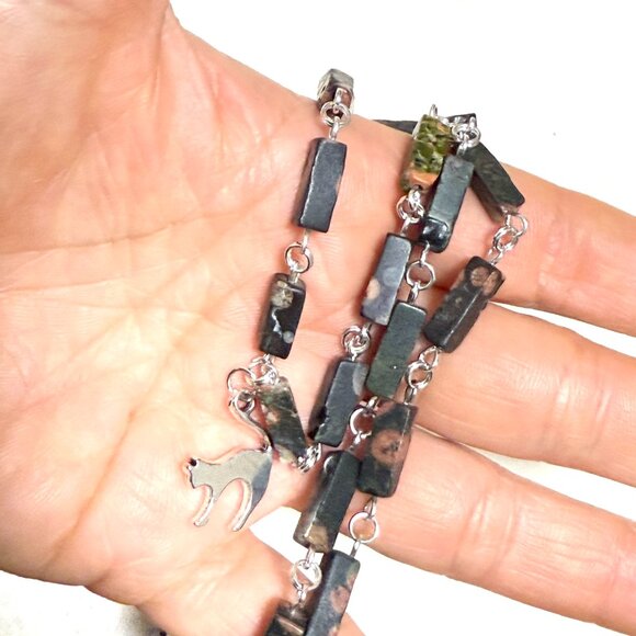 Genuine Dark Green Ocean Jasper Short Necklace, Gemstone & Slim Cat Charm - Picture 13 of 13